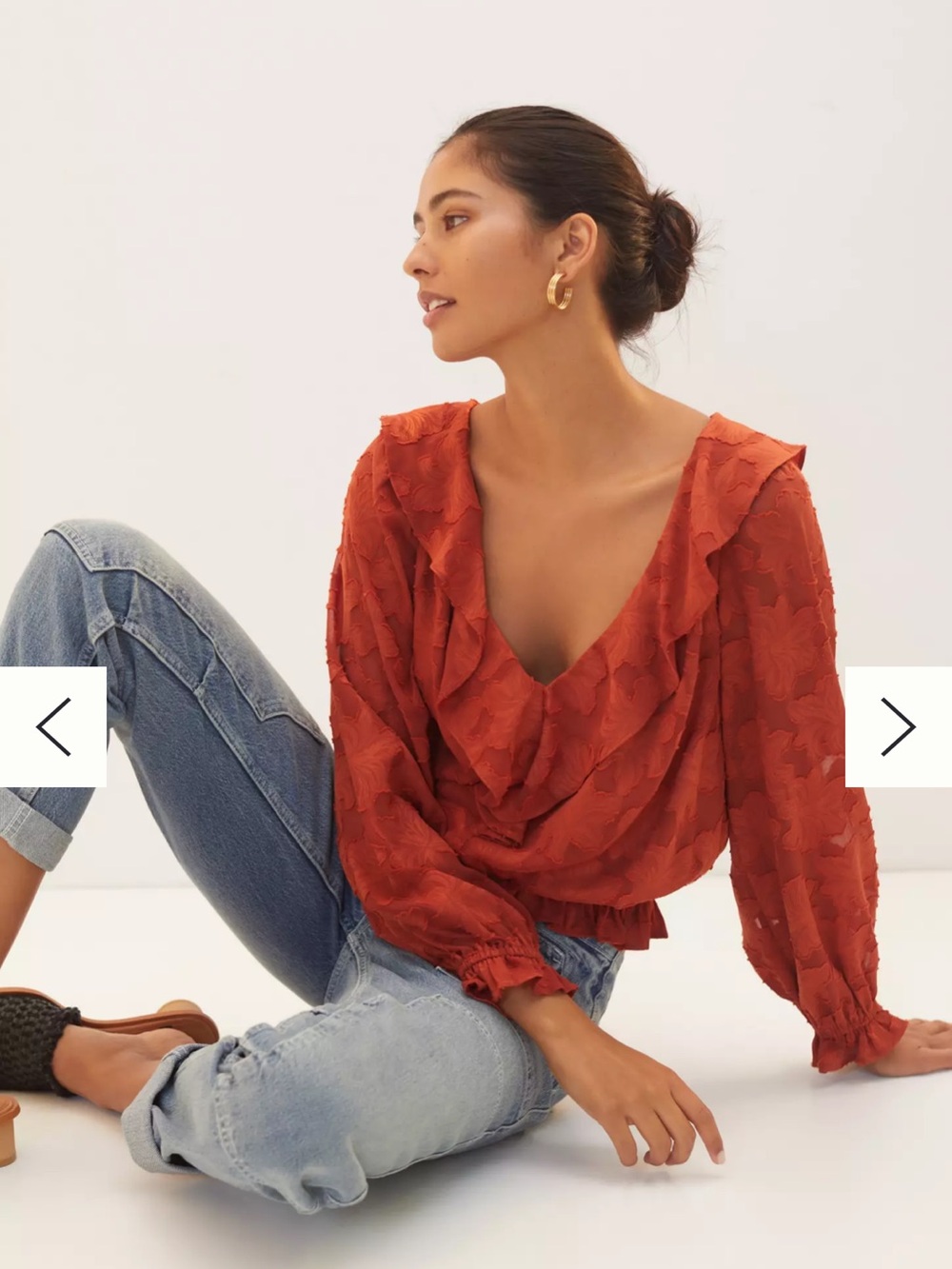 Anthropologie Burnt Orange Ruffle V-Neck Blouse. Textured floral blouse